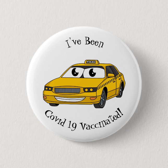 Cute yellow taxi fun cartoon illustration 6 cm round badge (Front)