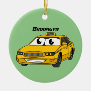 Cute yellow taxi fun cartoon illustration ceramic ornament