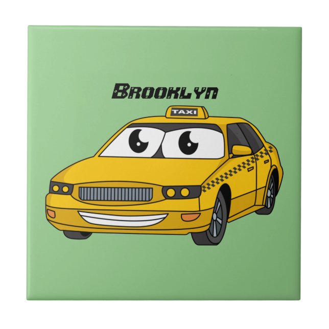 Cute yellow taxi fun cartoon illustration ceramic tile (Front)