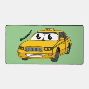 Cute yellow taxi fun cartoon illustration desk mat