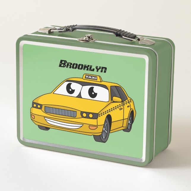 Cute yellow taxi fun cartoon illustration metal lunch box (Front)