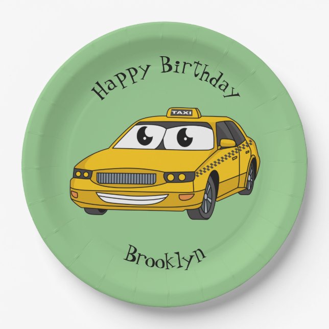 Cute yellow taxi fun cartoon illustration paper plate (Front)