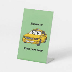 Cute yellow taxi fun cartoon illustration pedestal sign