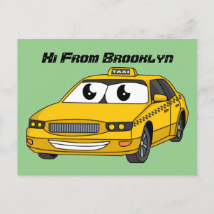 Cute yellow taxi fun cartoon illustration postcard