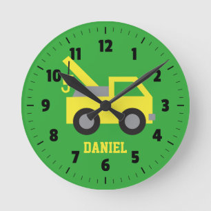 Cute Yellow Tow Truck Vehicle Boys Room Decor Round Clock