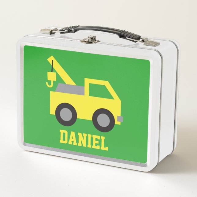 Cute Yellow Tow Truck Vehicle Kids Personalised Lu Metal Lunch Box (Front)