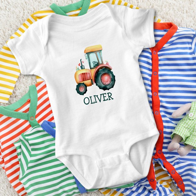 Cute Yellow Tractor Personalised Watercolor Baby Bodysuit (Creator Uploaded)