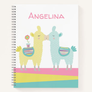 Cute yellow turquoise llamas kiss kawaii school notebook