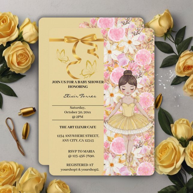 Cute Yellow Tutu Ballerina Butterflies Baby Shower Invitation (Creator Uploaded)