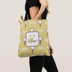 Cute Yellow White Bow Golf Pattern Monogram Tote Bag