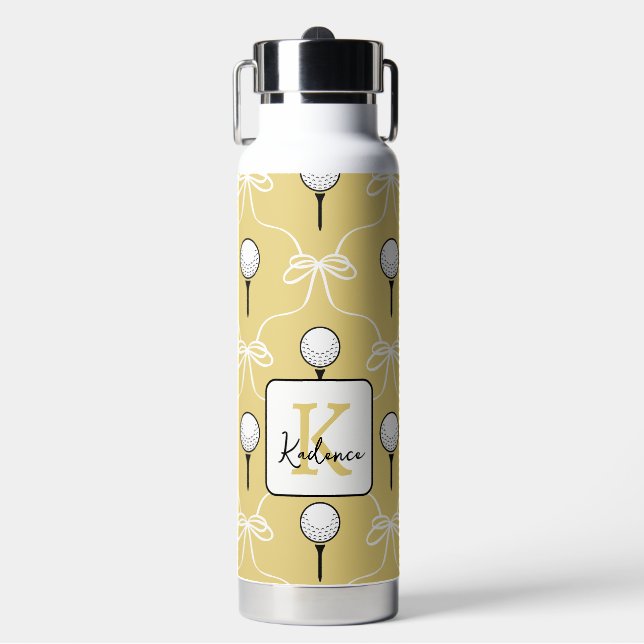 Cute Yellow White Bow Golf Pattern Monogram  Water Bottle (Front)