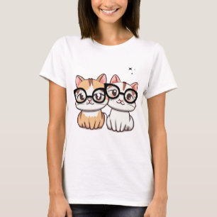 Cute Yellow White Cats Wearing Glasses Black Stars T-Shirt