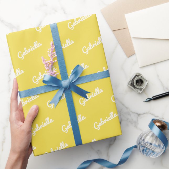 Cute Yellow White Personalised Script Name   Wrapping Paper (Gifting)