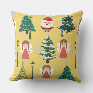 Cute yellow Xmas pattern girly l Santa and trees Cushion