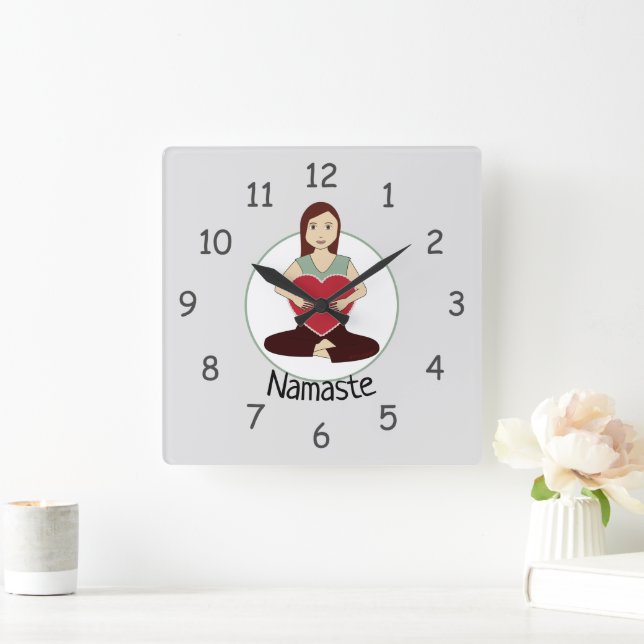 Cute Yoga Girl holding Red heart Namaste Square Wall Clock (Home)