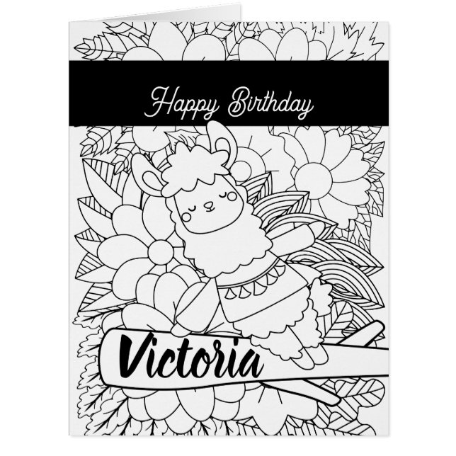 Cute Yoga Lllama Birthday Floral Colouring (Front)