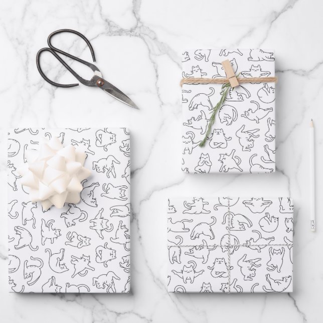 cute yoga pet cat pattern white background wrapping paper sheet (Front)