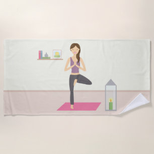Cute Yoga Woman In Tree Pose Beach Towel