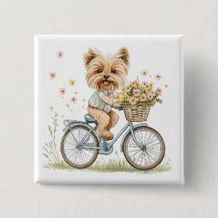 Cute Yorkie Dog Biking Spring Flowers 15 Cm Square Badge