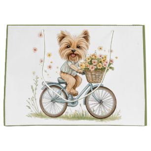 Cute Yorkie Dog Biking Spring Flowers Large Gift Bag
