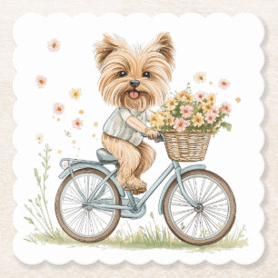 Cute Yorkie Dog Biking Spring Flowers Paper Coaster