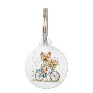 Cute Yorkie Dog Biking Spring Flowers Pet Tag