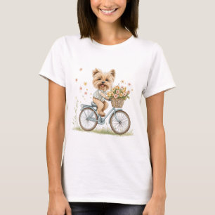 Cute Yorkie Dog Biking Spring Flowers T-Shirt