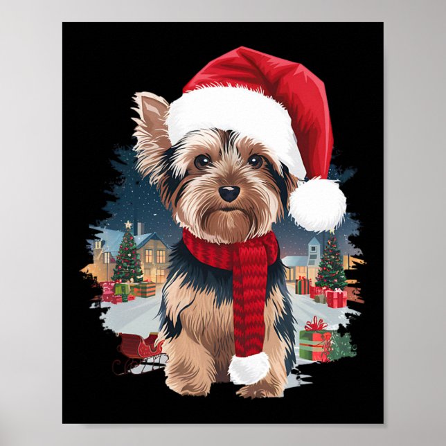 Cute Yorkie Dog Christmas Santa Hat Scarf Winter H Poster (Front)