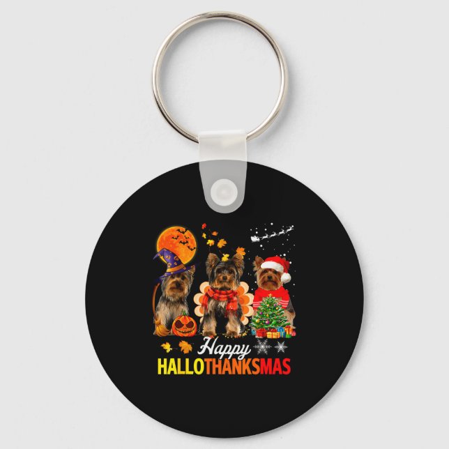 Cute Yorkie Happy Hallothanksmas Halloween Thanksg Key Ring (Front)