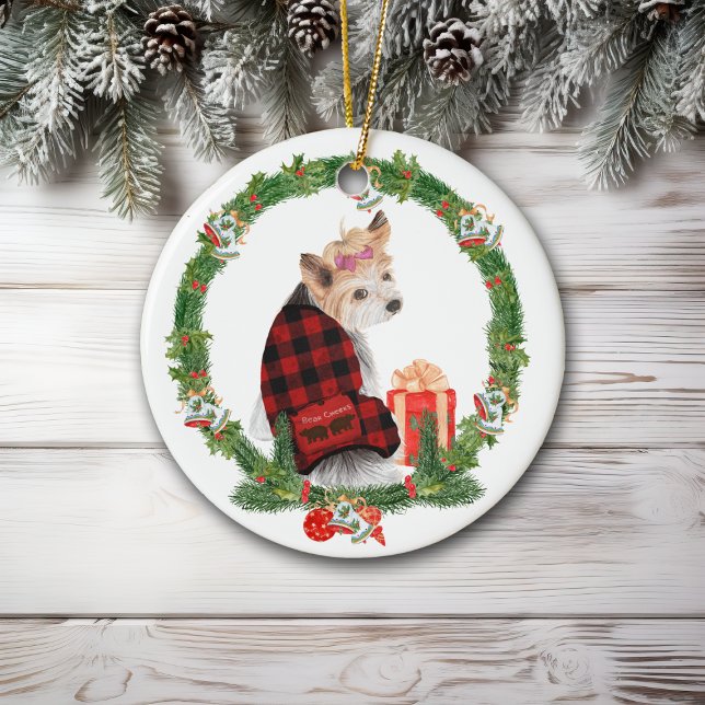 Cute Yorkie in Christmas Wreath Ceramic Ornament (Creator Uploaded)