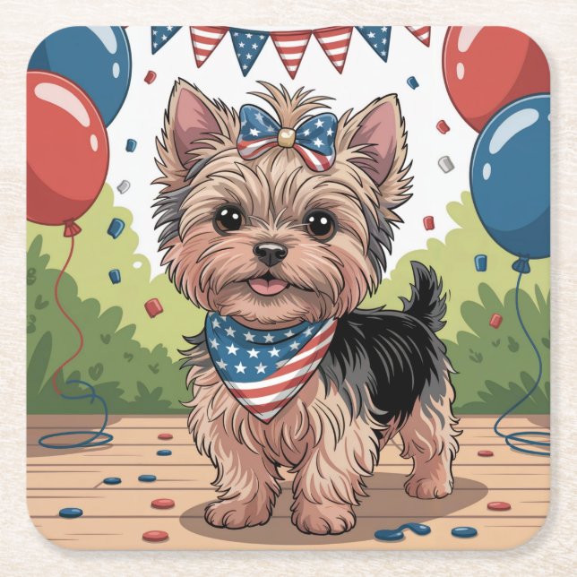 Cute Yorkie Independence Day Coaster Set (Front)