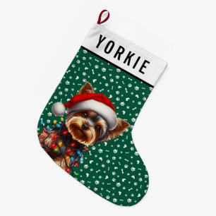 Cute Yorkie On Santa Hat And Christmas Light Large Christmas Stocking