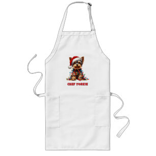 Cute Yorkie On Santa Hat And Christmas Light  Long Apron