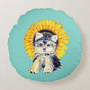 Cute Yorkie Puppy Dog & Sunflower on Teal Round Cushion