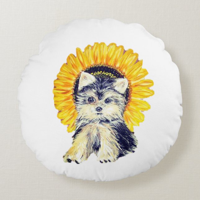 Cute Yorkie Puppy Dog & Sunflower on White Round Cushion (Front)