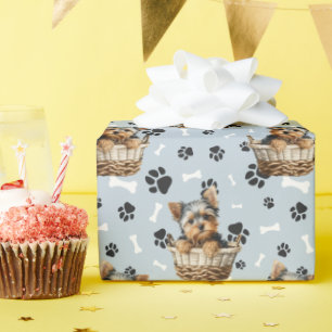 Cute Yorkie Puppy in Basket Paw Print  Wrapping Paper