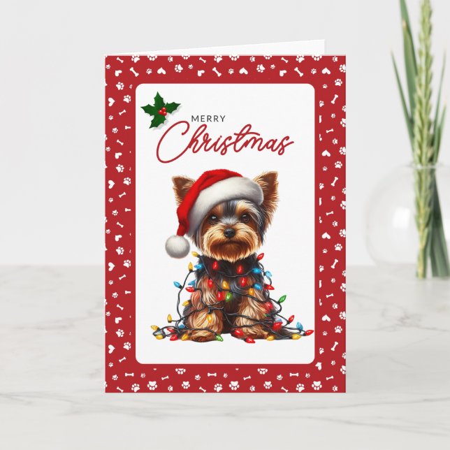 Cute Yorkie Santa Hat & Christmas Lights Folded Holiday Card (Front)