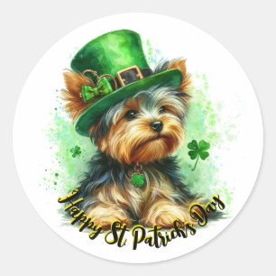 Cute Yorkie St. Patrick's Day Watercolor Art Classic Round Sticker