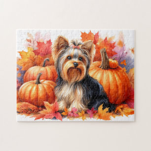 Cute Yorkie Terrier Autumn Leaves and Pumpkins Jigsaw Puzzle