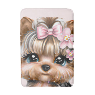 Cute Yorkie With a Pink Bow Bath Mat