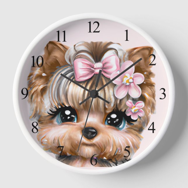 Cute Yorkie With a Pink Bow   Clock (Front)