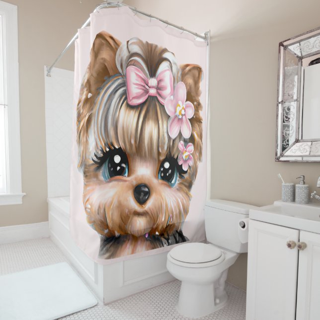 Cute Yorkie With a Pink Bow    Shower Curtain (In Situ)