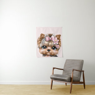 Cute Yorkie With a Pink Bow  Tapestry