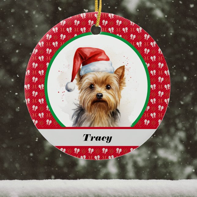 Cute Yorkie Yorkshire Terrier Red Christmas Bows Ceramic Ornament (Creator Uploaded)