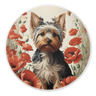 Cute Yorkshire Terrier Botanical Red Poppies Ceramic Knob