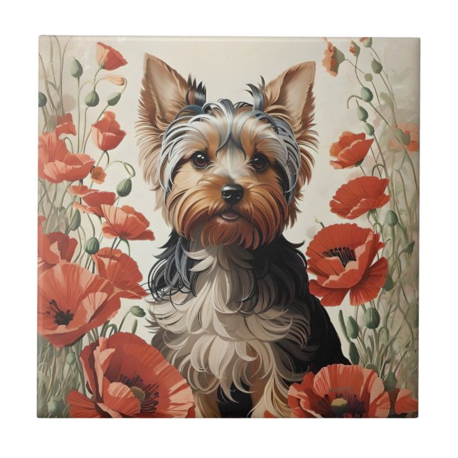 Cute Yorkshire Terrier Botanical Red Poppies Ceramic Tile (Front)