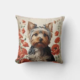 Cute Yorkshire Terrier Botanical Red Poppies Cushion
