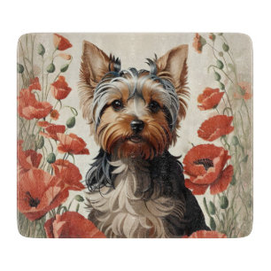 Cute Yorkshire Terrier Botanical Red Poppies Cutting Board