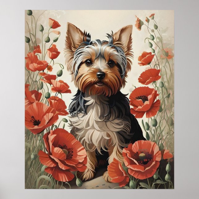Cute Yorkshire Terrier Botanical Red Poppies Poster (Front)