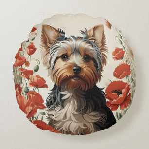 Cute Yorkshire Terrier Botanical Red Poppies Round Cushion